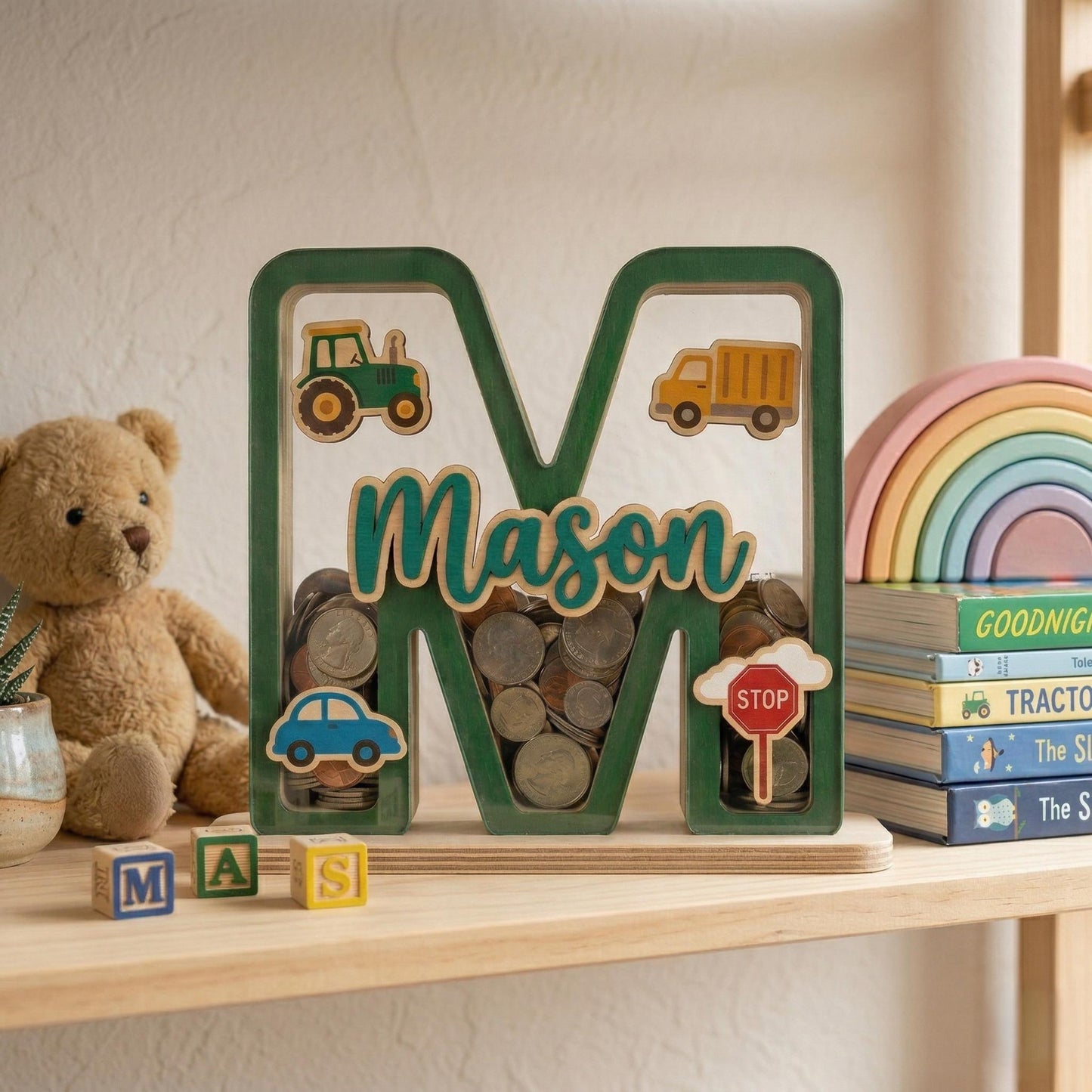 Personalized Car Wooden Piggy Bank Letter, Custom Name Coin Bank, Wooden Kids Saving Bank, Car Nursery Decor, Boys Gift