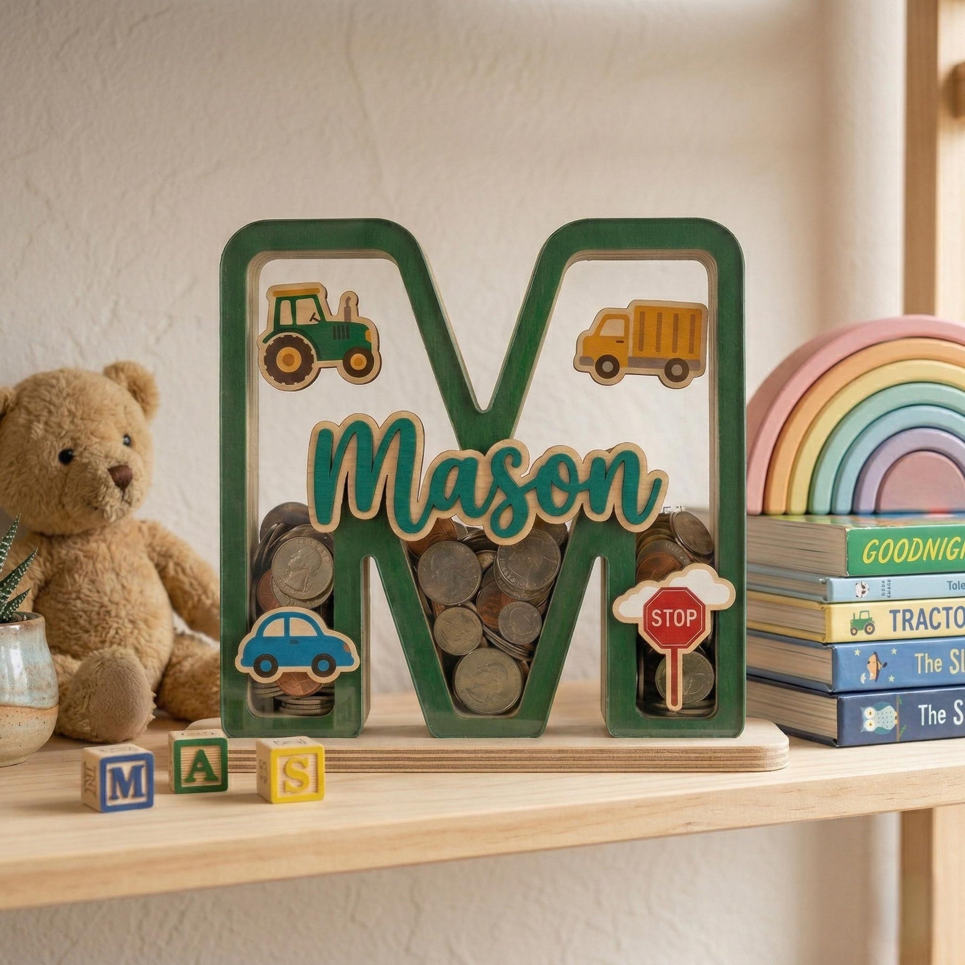 Personalized Car Wooden Piggy Bank Letter, Custom Name Coin Bank, Wooden Kids Saving Bank, Car Nursery Decor, Boys Gift