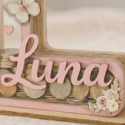 Personalized Wooden Letter Piggy Bank for Girls, Custom Name Money Bank, Baby Girl Nursery Decor, Kids Saving Box, Birthday Gift for Baby