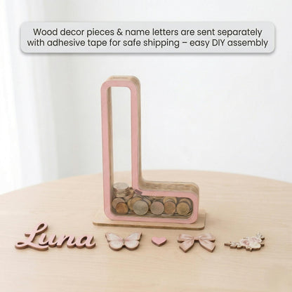 Personalized Wooden Letter Piggy Bank for Girls, Custom Name Money Bank, Baby Girl Nursery Decor, Kids Saving Box, Birthday Gift for Baby