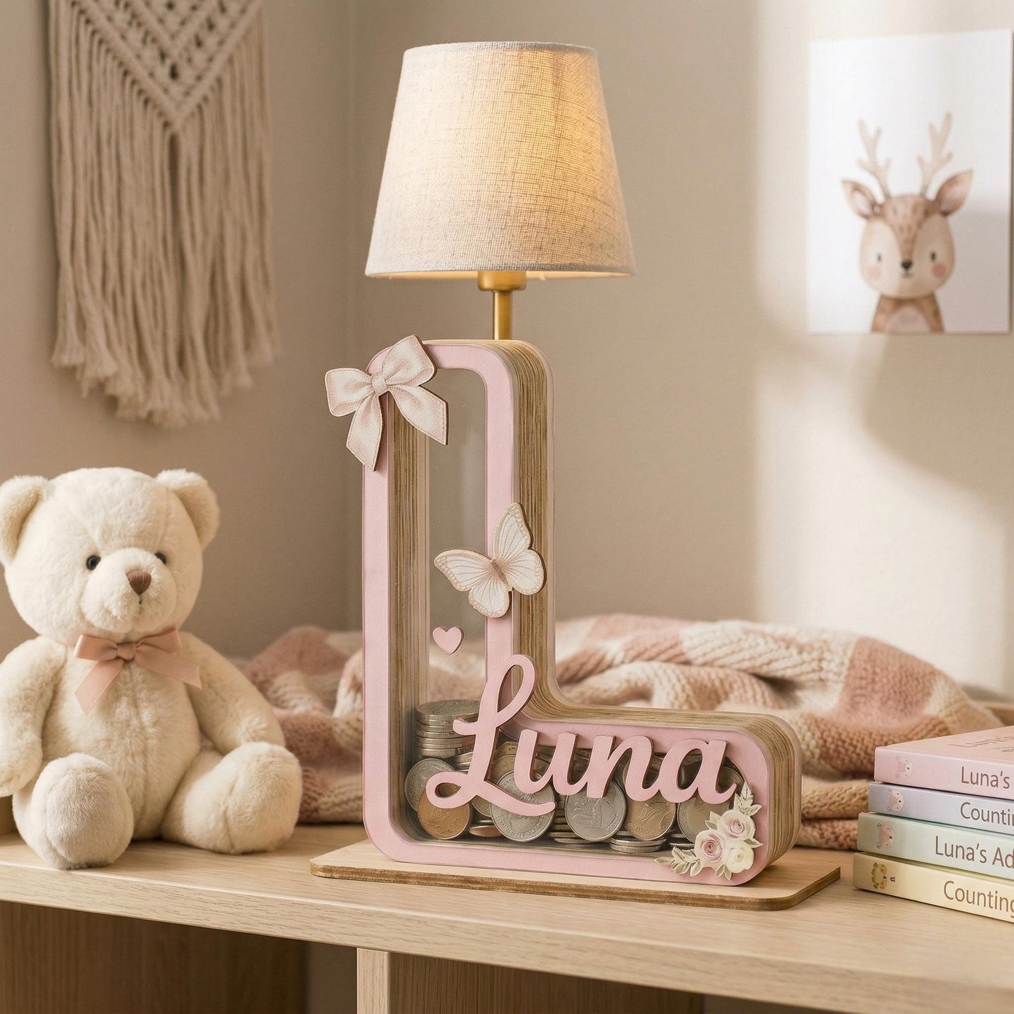 Personalized Wooden Letter Piggy Bank for Girls, Custom Name Money Bank, Baby Girl Nursery Decor, Kids Saving Box, Birthday Gift for Baby