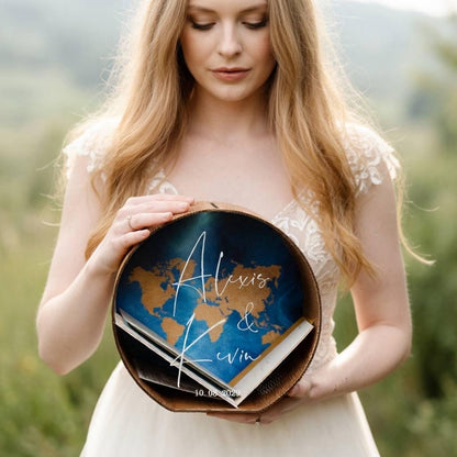 Custom World Map Wedding Card Box, Personalized Travel Theme Acrylic Wood Holder, LED Light