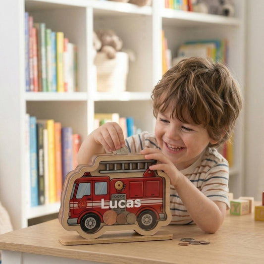 Personalized Fire Truck Piggy Bank, Custom Name Wooden Money Box, Boy Nursery Decor, Kids Savings Bank, Gift for Boys