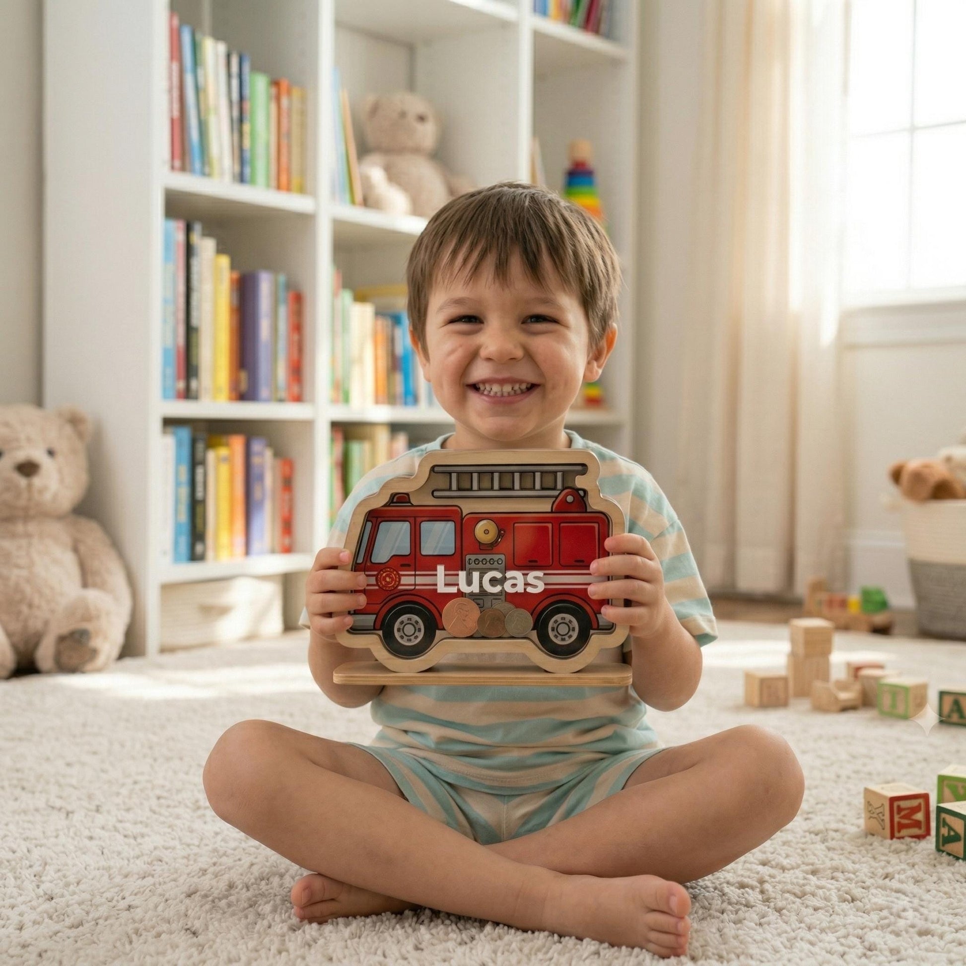 Personalized Fire Truck Piggy Bank, Custom Name Wooden Money Box, Boy Nursery Decor, Kids Savings Bank, Gift for Boys