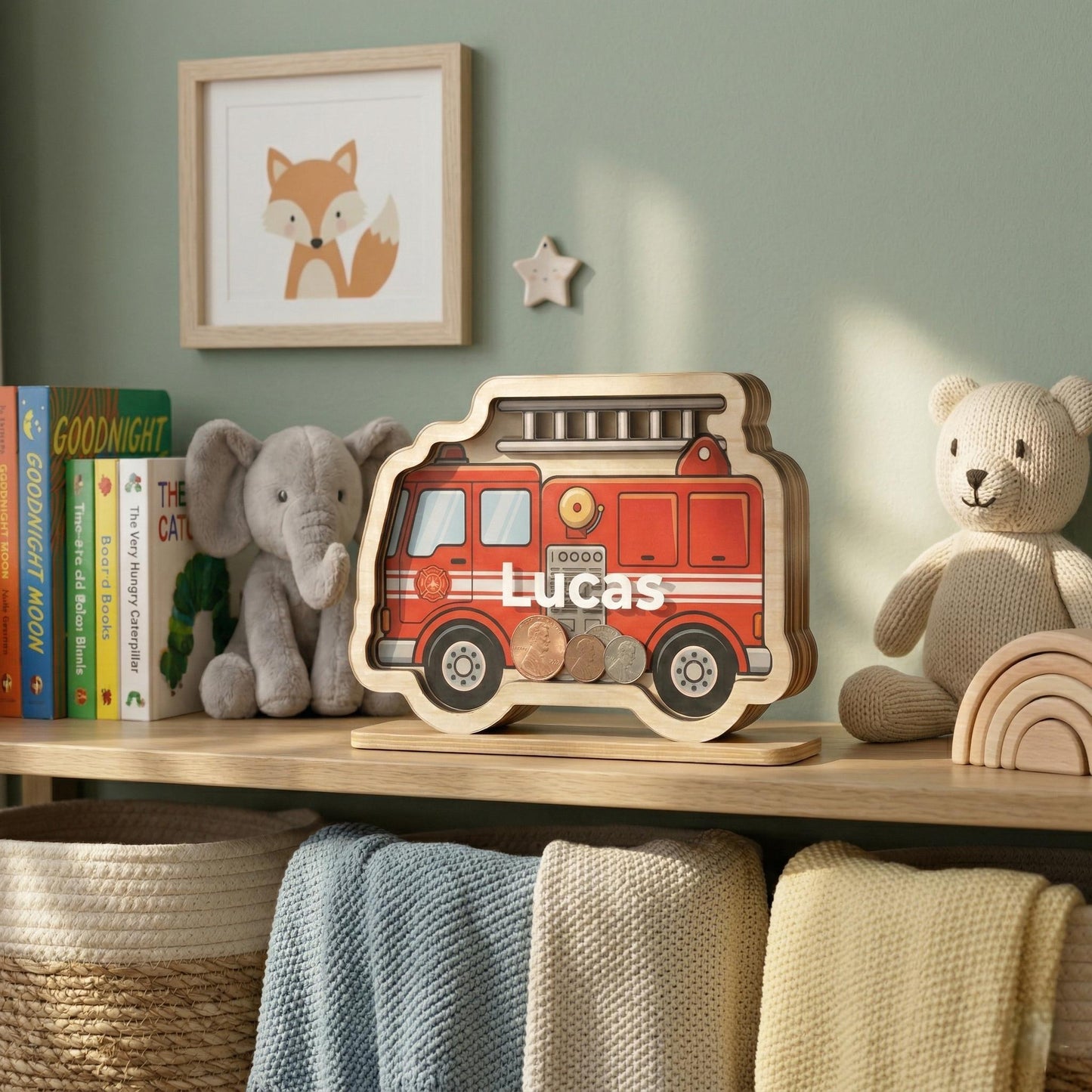 Personalized Fire Truck Piggy Bank, Custom Name Wooden Money Box, Boy Nursery Decor, Kids Savings Bank, Gift for Boys