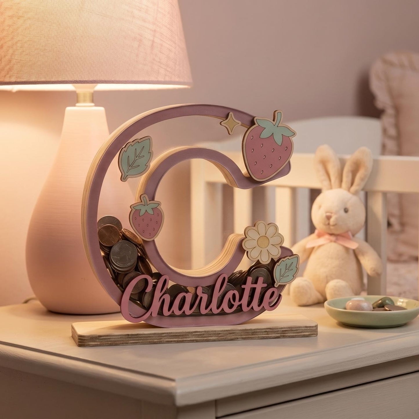 Personalized Wooden Letter Piggy Bank, Custom Name Money Box with Strawberry Decor, Wooden Initial Bank for Kids, Nursery Decor, Baby Gift