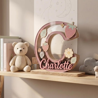 Personalized Wooden Letter Piggy Bank, Custom Name Money Box with Strawberry Decor, Wooden Initial Bank for Kids, Nursery Decor, Baby Gift
