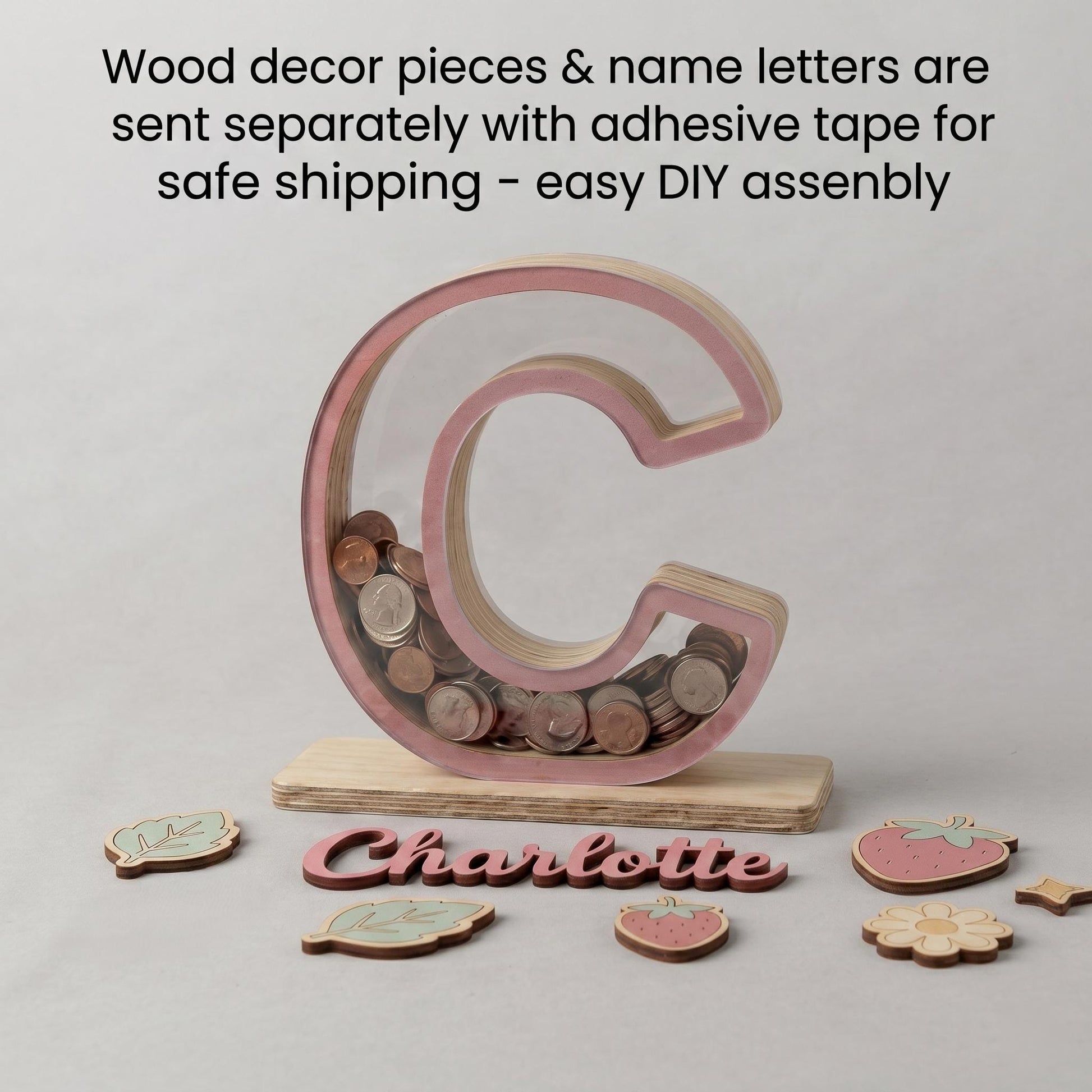 Personalized Wooden Letter Piggy Bank, Custom Name Money Box with Strawberry Decor, Wooden Initial Bank for Kids, Nursery Decor, Baby Gift