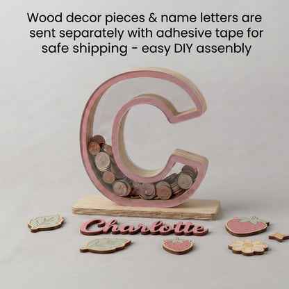 Personalized Wooden Letter Piggy Bank, Custom Name Money Box with Strawberry Decor, Wooden Initial Bank for Kids, Nursery Decor, Baby Gift