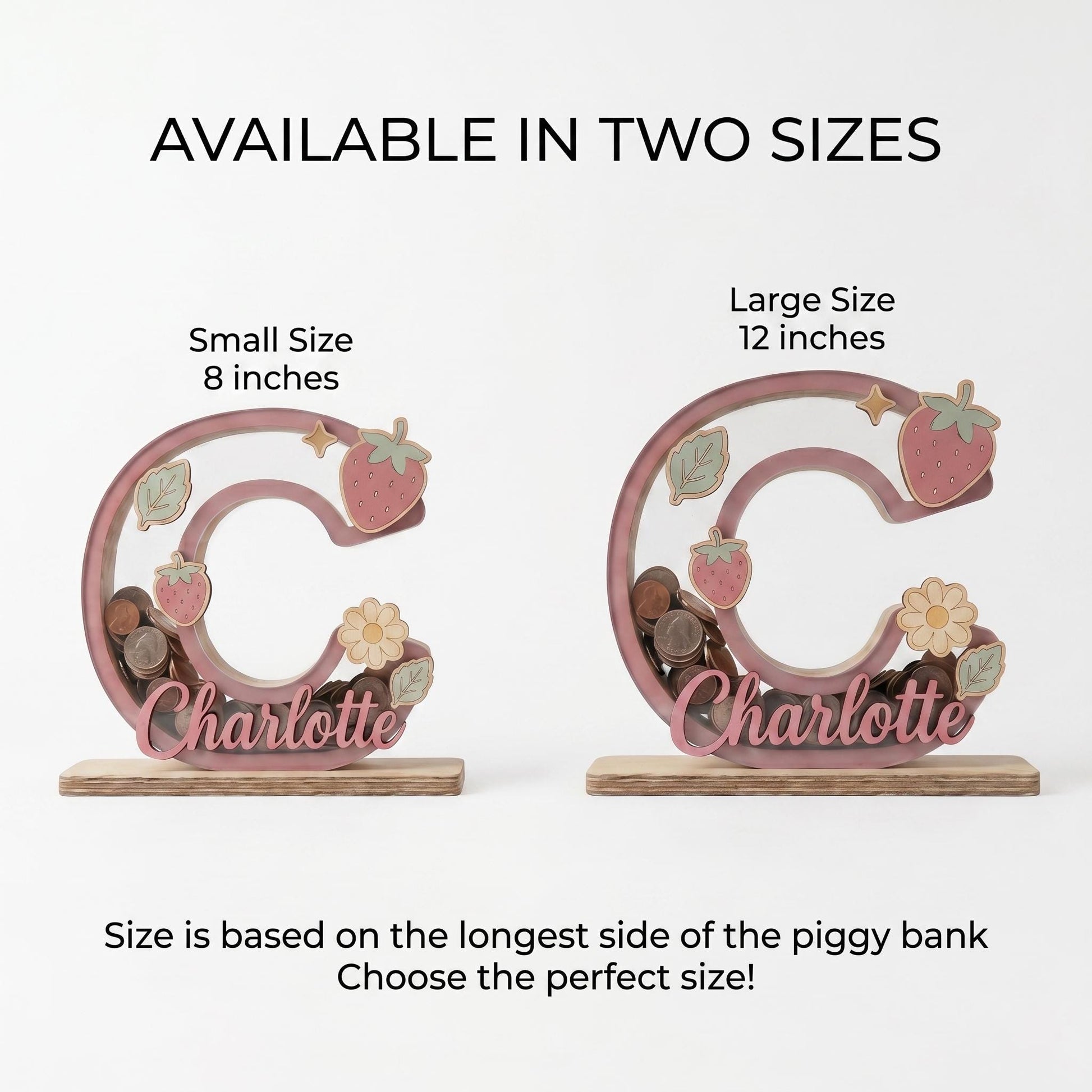 Personalized Wooden Letter Piggy Bank, Custom Name Money Box with Strawberry Decor, Wooden Initial Bank for Kids, Nursery Decor, Baby Gift
