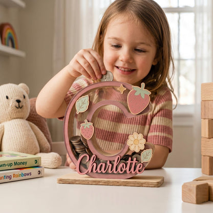 Personalized Wooden Letter Piggy Bank, Custom Name Money Box with Strawberry Decor, Wooden Initial Bank for Kids, Nursery Decor, Baby Gift
