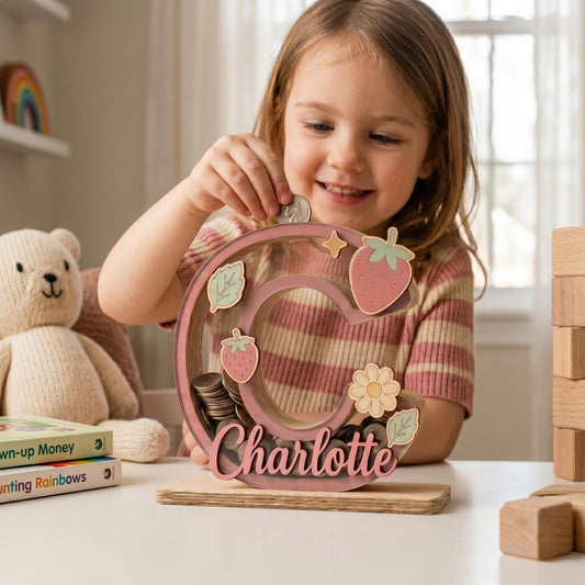 Personalized Wooden Letter Piggy Bank, Custom Name Money Box with Strawberry Decor, Wooden Initial Bank for Kids, Nursery Decor, Baby Gift