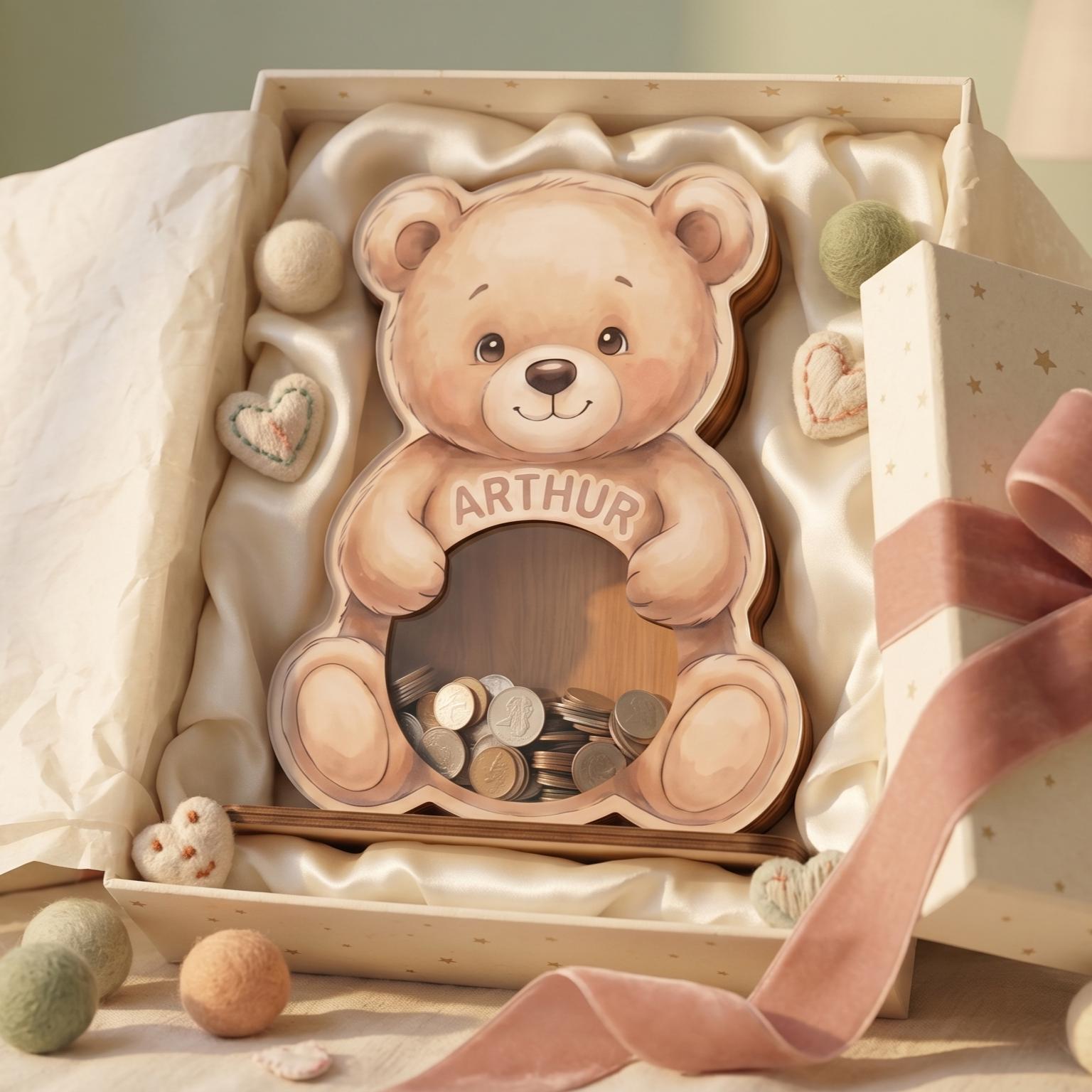 Personalized Teddy Bear Piggy Bank for Kids, Custom Name Wooden Coin Bank, Teddy Bear Nursery Decor, Kids Savings Bank, Gift for Boys Girls