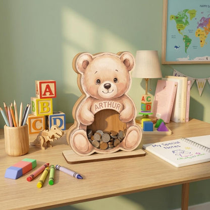 Personalized Teddy Bear Piggy Bank for Kids, Custom Name Wooden Coin Bank, Teddy Bear Nursery Decor, Kids Savings Bank, Gift for Boys Girls