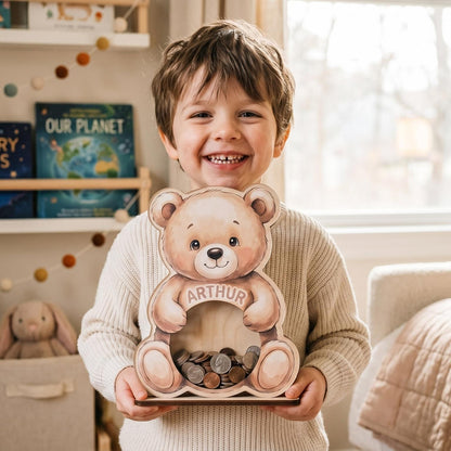 Personalized Teddy Bear Piggy Bank for Kids, Custom Name Wooden Coin Bank, Teddy Bear Nursery Decor, Kids Savings Bank, Gift for Boys Girls