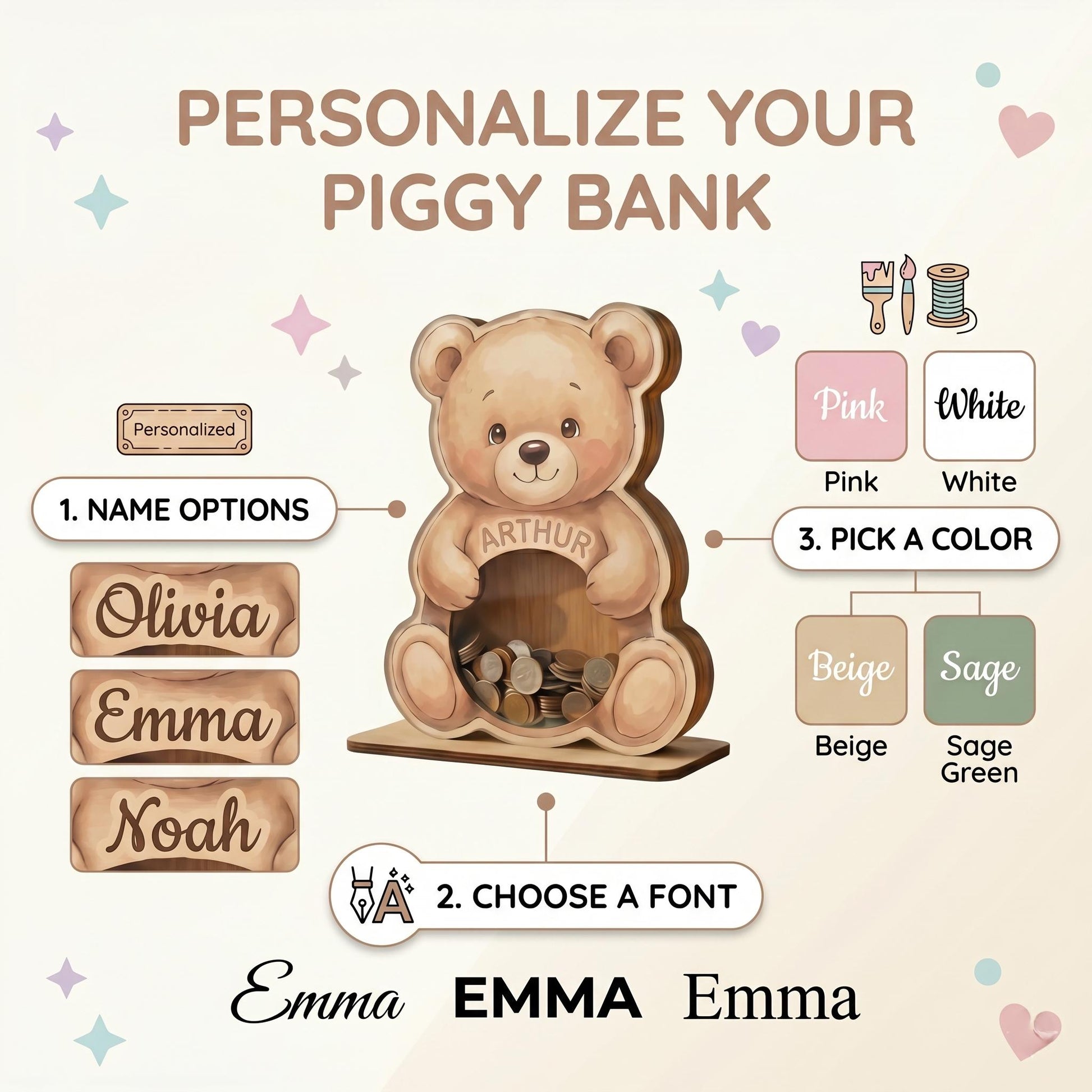 Personalized Teddy Bear Piggy Bank for Kids, Custom Name Wooden Coin Bank, Teddy Bear Nursery Decor, Kids Savings Bank, Gift for Boys Girls