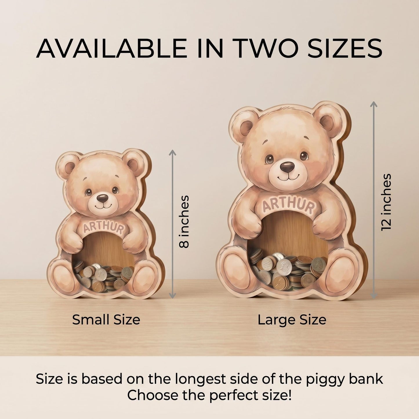 Personalized Teddy Bear Piggy Bank for Kids, Custom Name Wooden Coin Bank, Teddy Bear Nursery Decor, Kids Savings Bank, Gift for Boys Girls