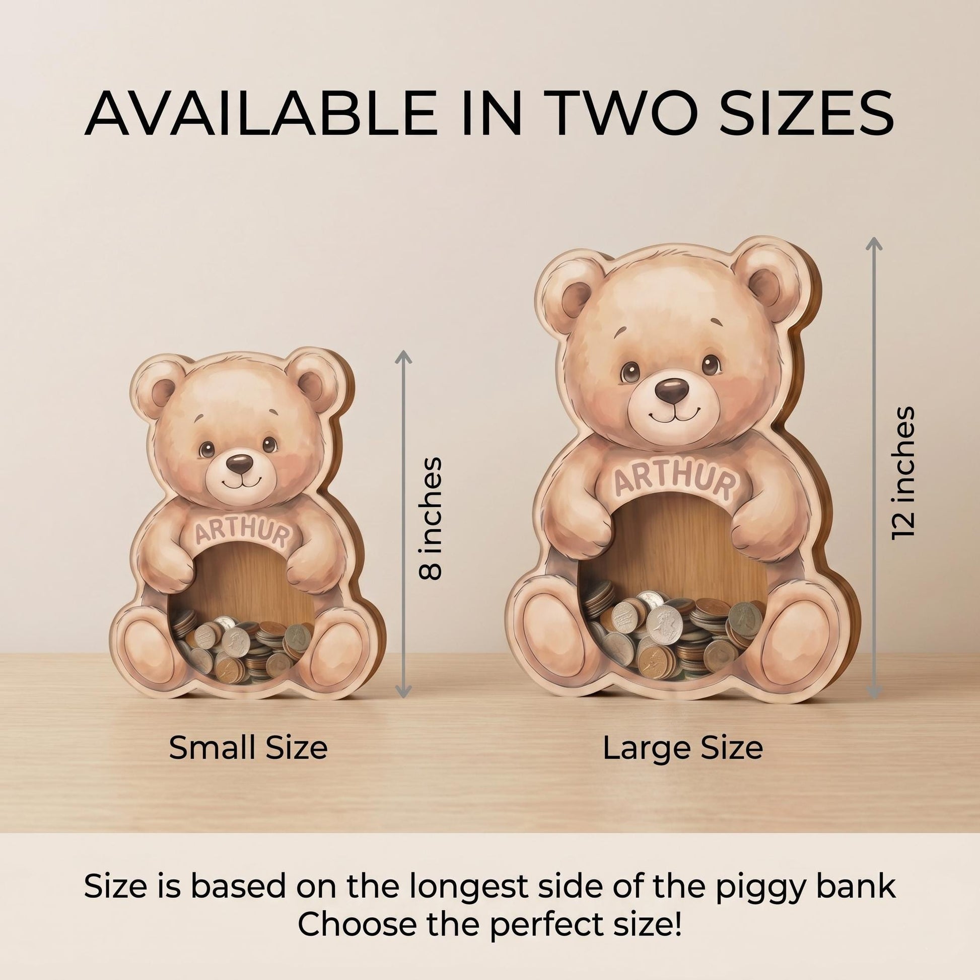 Personalized Teddy Bear Piggy Bank for Kids, Custom Name Wooden Coin Bank, Teddy Bear Nursery Decor, Kids Savings Bank, Gift for Boys Girls