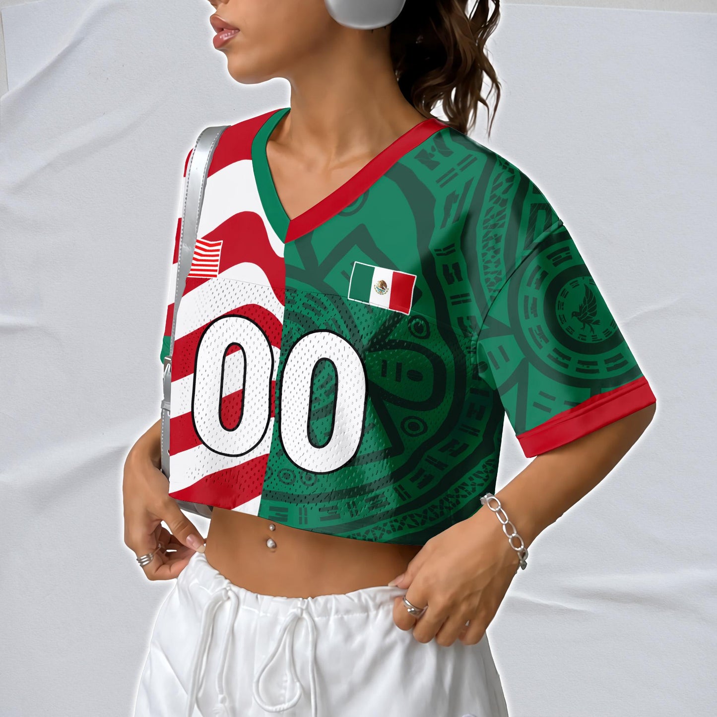 Custom USA Football Half & Half Jersey Crop Top, Personalized Binational Flag Shirt, Matching Fan Set, Game Day Outfit Gift | CT68