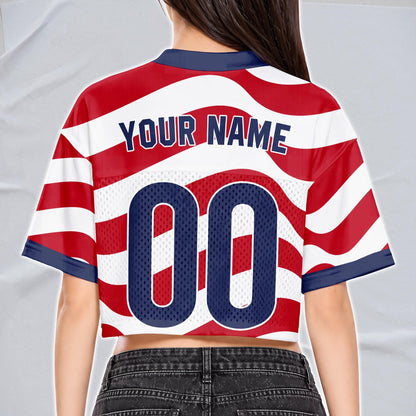 Custom USA 2026 Football Jersey Crop Top, Personalized Red White Blue Shirt, American Flag Fan Outfit, Game Day Gift | QS43