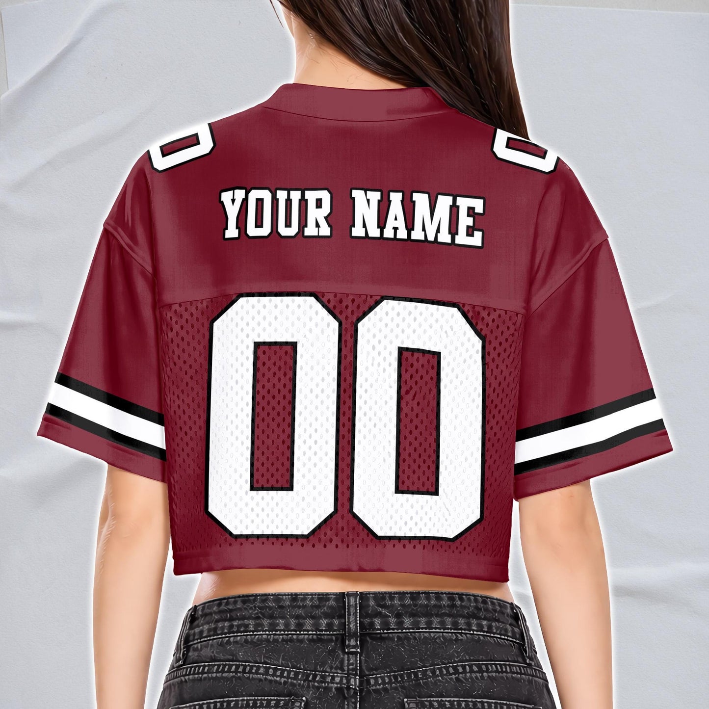 Custom Cheerleading Football Crop Top for Girls, Maroon Black White Jersey Shirt, Personalized Name Number Logo, College Game Day Outfit | DC16