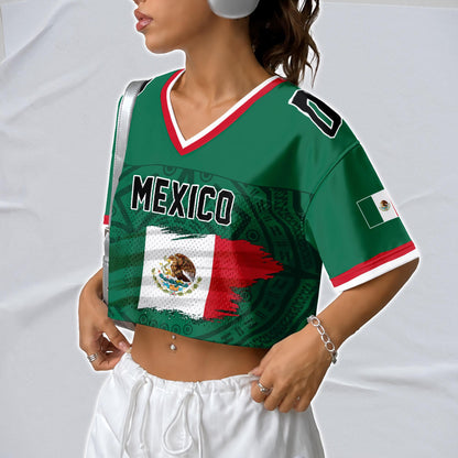 Custom Mexico Football Jersey for Women, Personalized Glitter Printed Name Number Mesh Crop Top, Green White Soccer Jersey, Mexican Shirt | VJ11