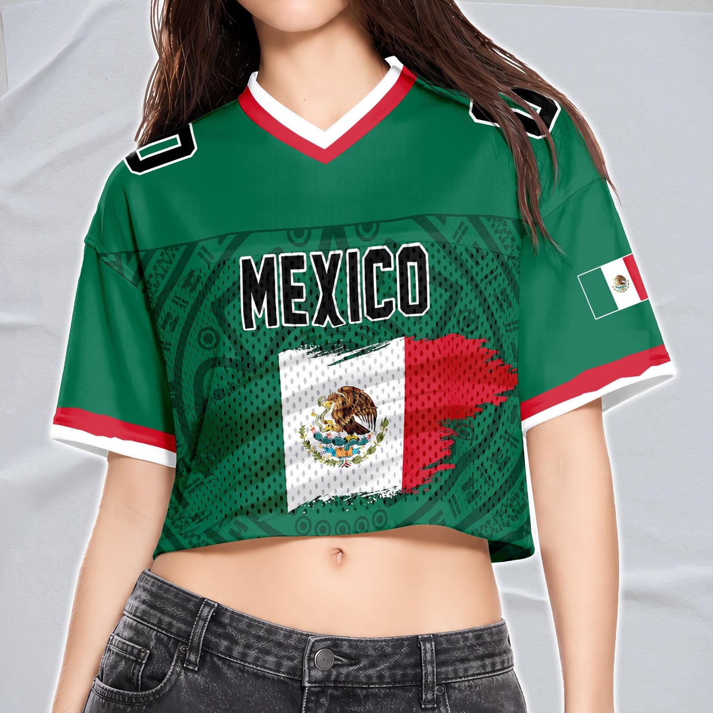 Custom Mexico Football Jersey for Women, Personalized Glitter Printed Name Number Mesh Crop Top, Green White Soccer Jersey, Mexican Shirt | VJ11