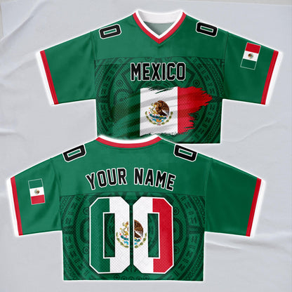 Custom Mexico Football Jersey for Women, Personalized Glitter Printed Name Number Mesh Crop Top, Green White Soccer Jersey, Mexican Shirt | VJ11