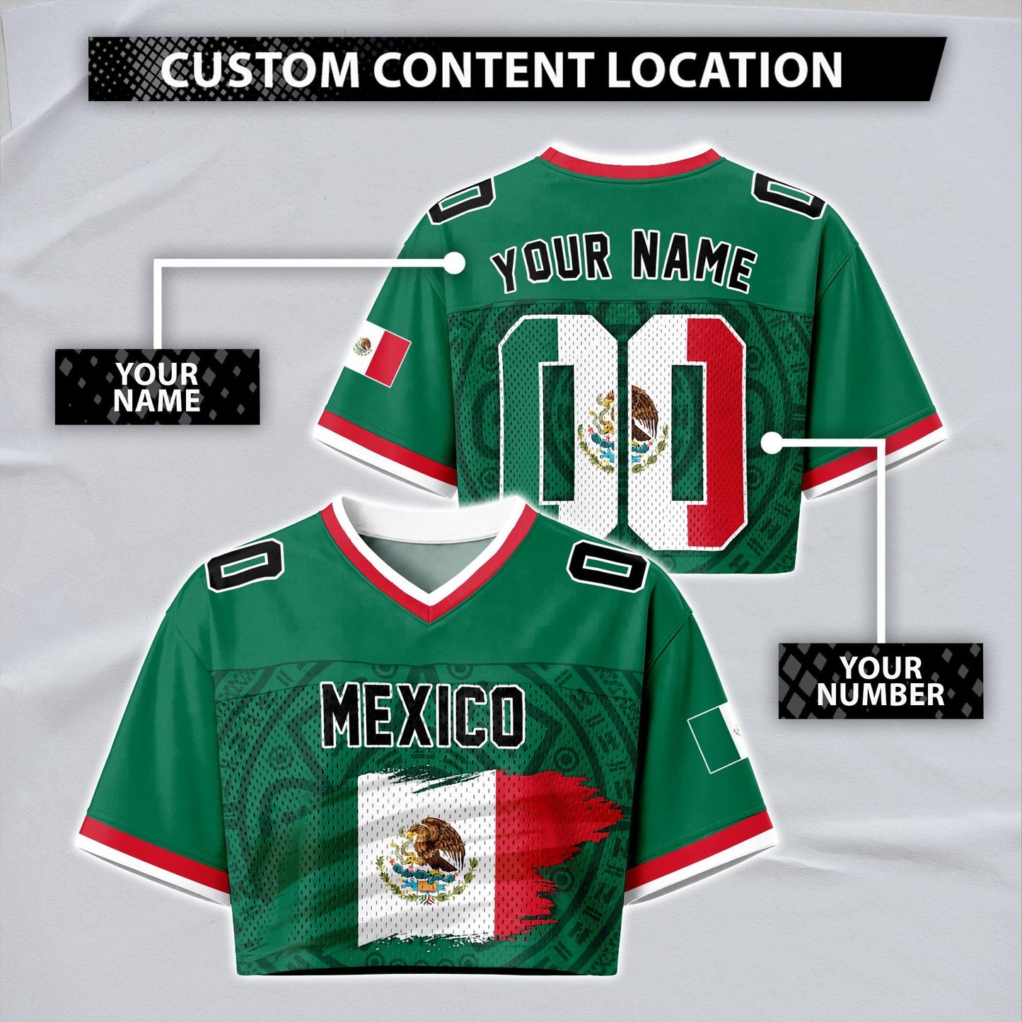 Custom Mexico Football Jersey for Women, Personalized Glitter Printed Name Number Mesh Crop Top, Green White Soccer Jersey, Mexican Shirt | VJ11