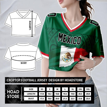 Custom Mexico Football Jersey for Women, Personalized Glitter Printed Name Number Mesh Crop Top, Green White Soccer Jersey, Mexican Shirt | VJ11
