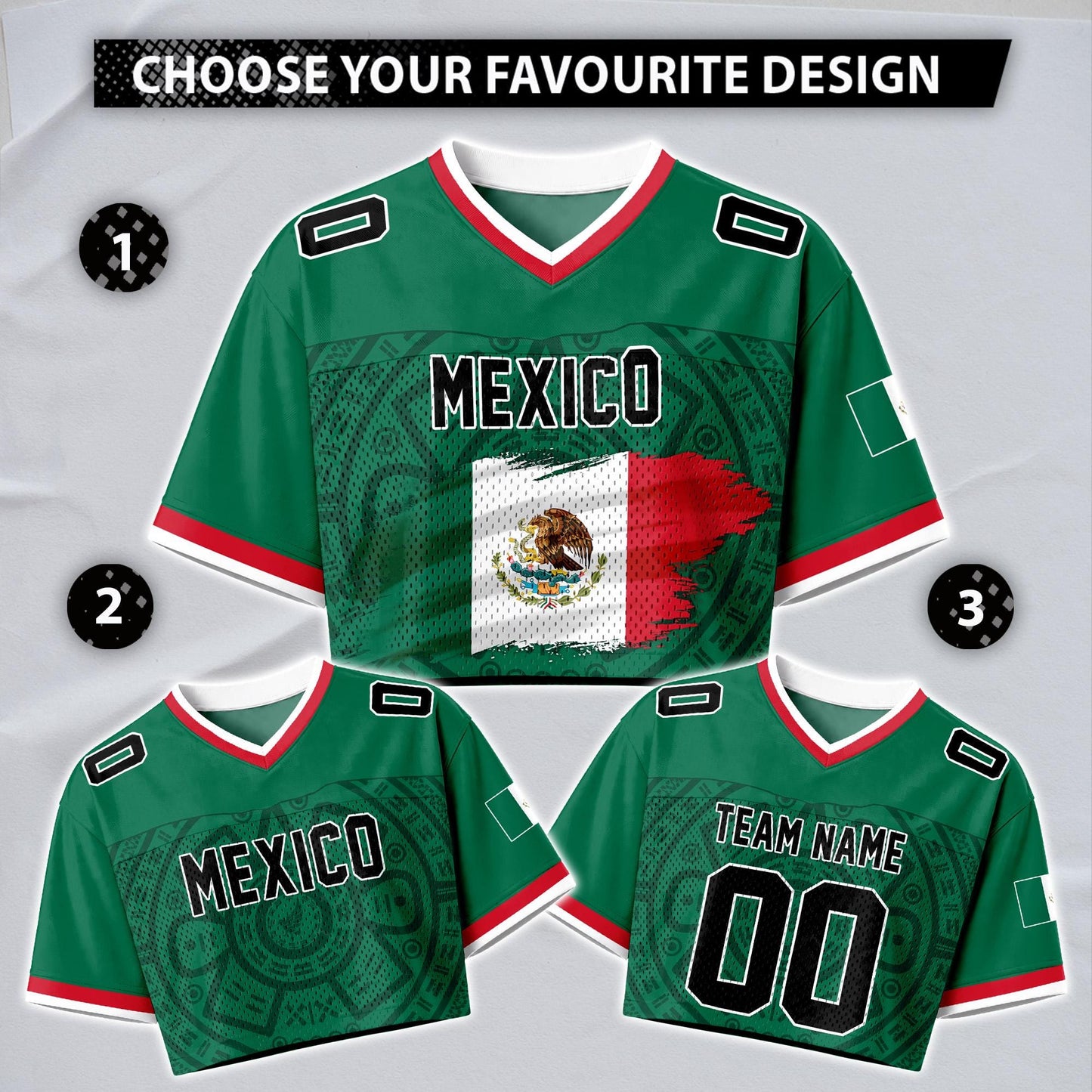 Custom Mexico Football Jersey for Women, Personalized Glitter Printed Name Number Mesh Crop Top, Green White Soccer Jersey, Mexican Shirt | VJ11