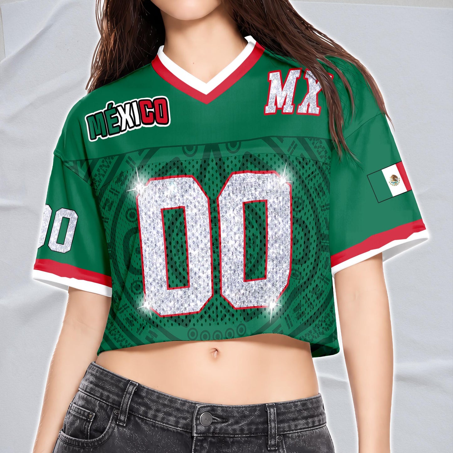 Custom Mexico Football Jersey for Women, Personalized Glitter Printed Name Number Mesh Crop Top, Green White Soccer Jersey, Mexican Shirt | IL51