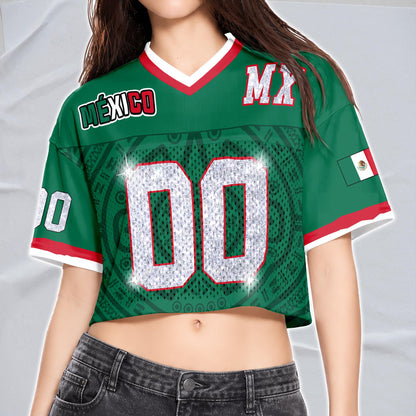 Custom Mexico Football Jersey for Women, Personalized Glitter Printed Name Number Mesh Crop Top, Green White Soccer Jersey, Mexican Shirt | IL51