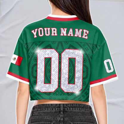 Custom Mexico Football Jersey for Women, Personalized Glitter Printed Name Number Mesh Crop Top, Green White Soccer Jersey, Mexican Shirt | IL51