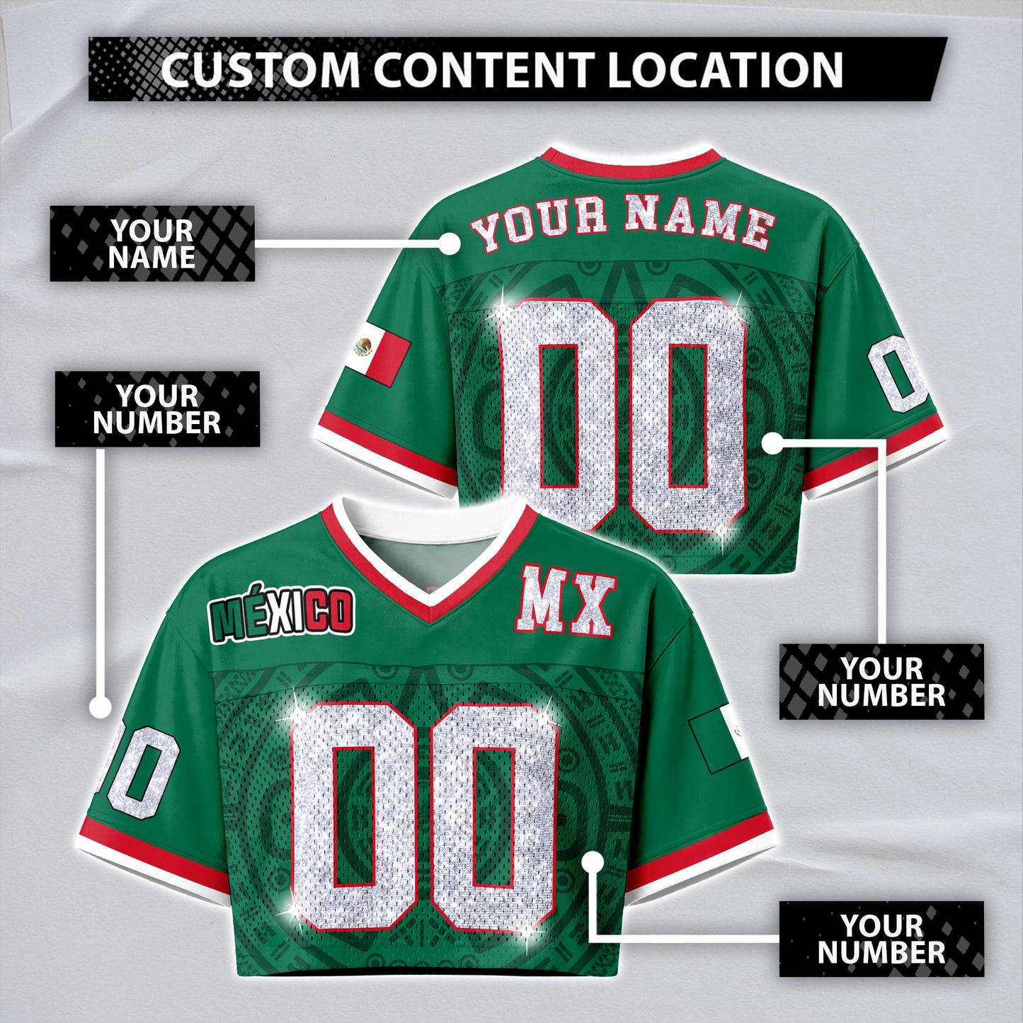 Custom Mexico Football Jersey for Women, Personalized Glitter Printed Name Number Mesh Crop Top, Green White Soccer Jersey, Mexican Shirt | IL51