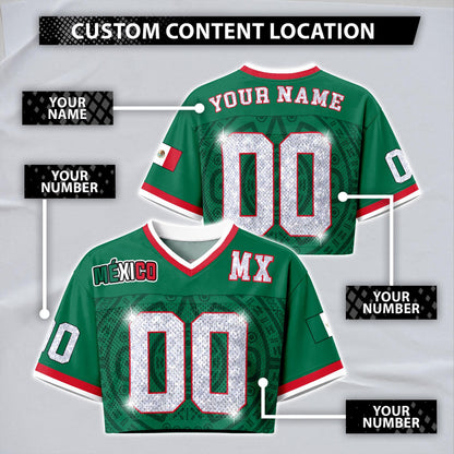 Custom Mexico Football Jersey for Women, Personalized Glitter Printed Name Number Mesh Crop Top, Green White Soccer Jersey, Mexican Shirt | IL51