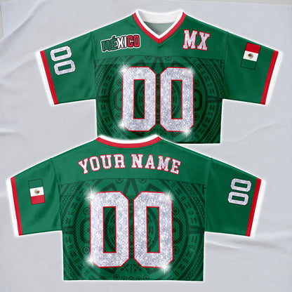 Custom Mexico Football Jersey for Women, Personalized Glitter Printed Name Number Mesh Crop Top, Green White Soccer Jersey, Mexican Shirt | IL51