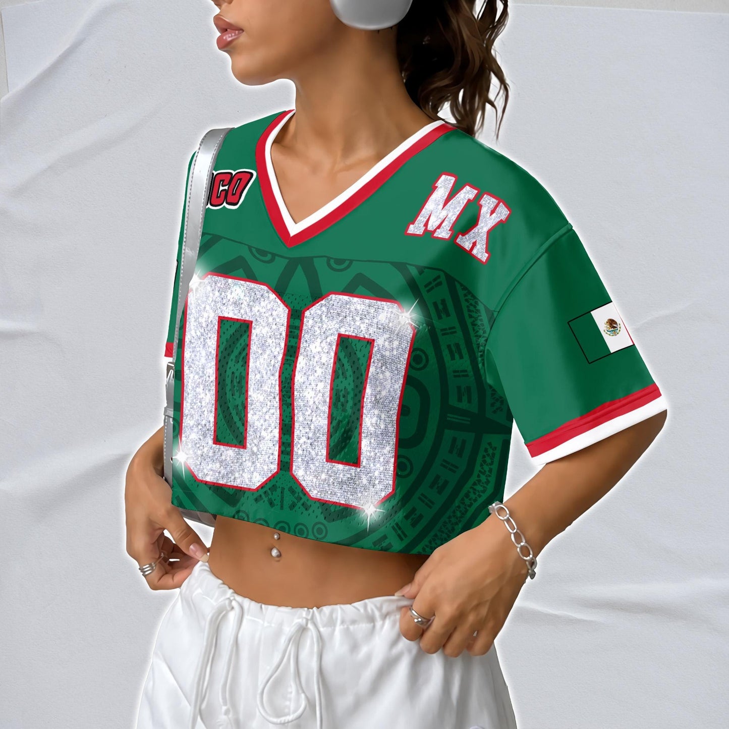 Custom Mexico Football Jersey for Women, Personalized Glitter Printed Name Number Mesh Crop Top, Green White Soccer Jersey, Mexican Shirt | IL51