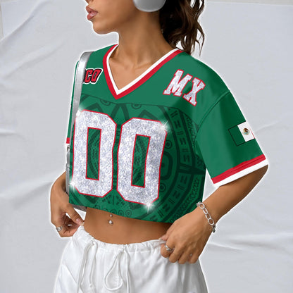 Custom Mexico Football Jersey for Women, Personalized Glitter Printed Name Number Mesh Crop Top, Green White Soccer Jersey, Mexican Shirt | IL51