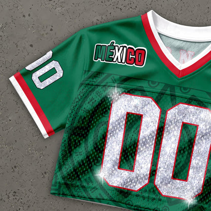 Custom Mexico Football Jersey for Women, Personalized Glitter Printed Name Number Mesh Crop Top, Green White Soccer Jersey, Mexican Shirt | IL51
