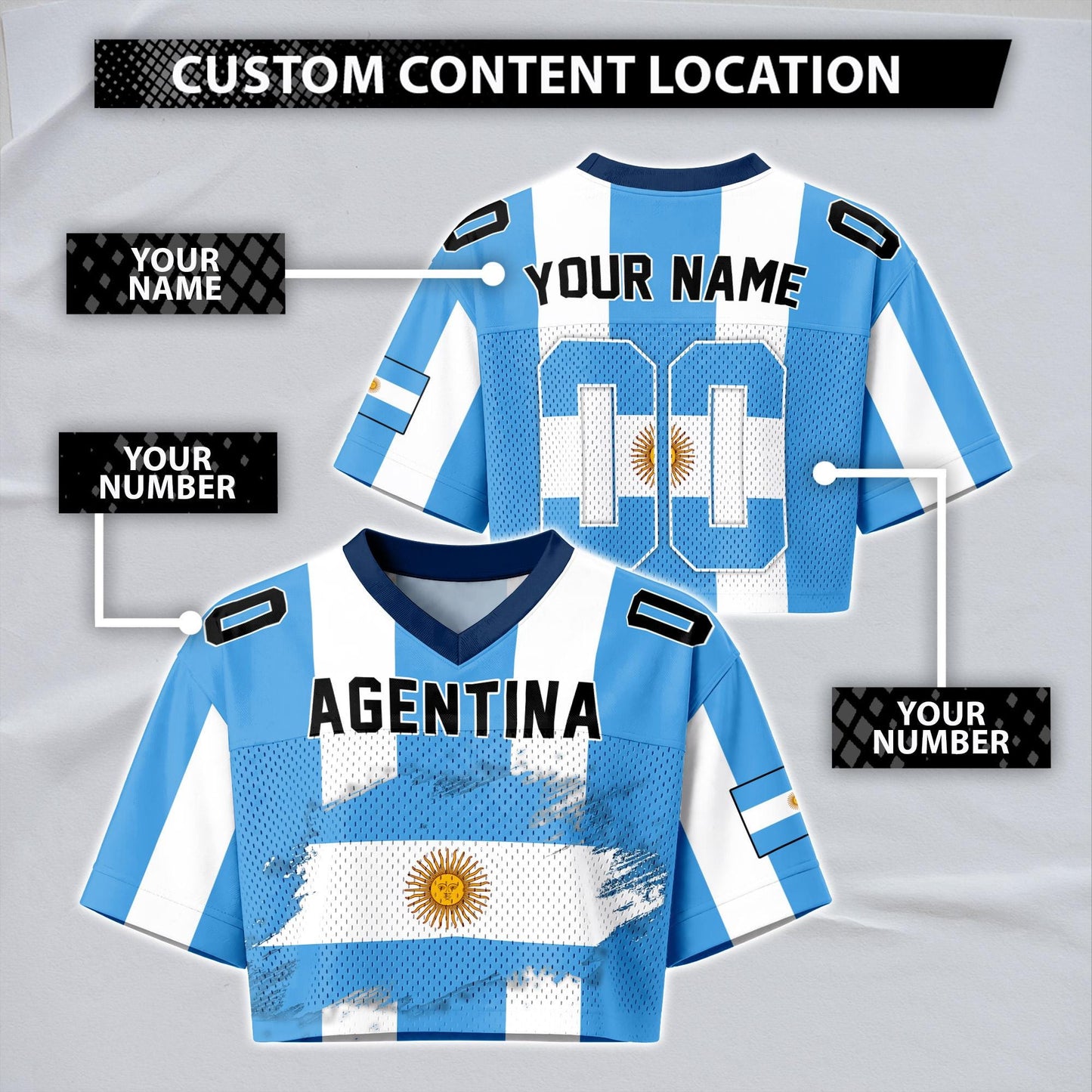 Custom Argentina Football Jersey for Women, Personalized Name Number Logo Mesh Crop Top, Summer Soccer 2026 Jersey,Argentina Girl Shirt 2026 | DM63
