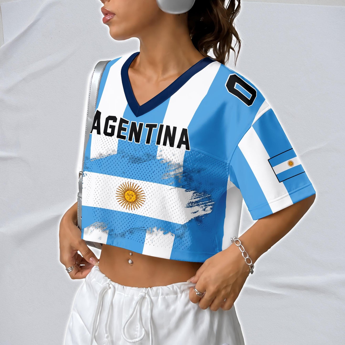 Custom Argentina Football Jersey for Women, Personalized Name Number Logo Mesh Crop Top, Summer Soccer 2026 Jersey,Argentina Girl Shirt 2026 | DM63