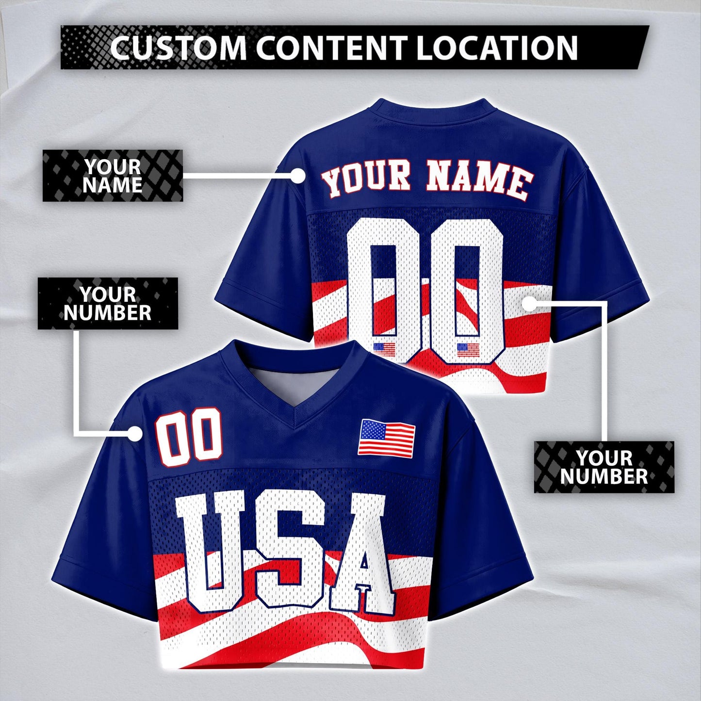 Custom USA Football Jersey for Women, Personalized Printed Name Number Mesh Crop Top, Summer Soccer 2026 Jersey, America Soccer 2026 Shirt | EW90