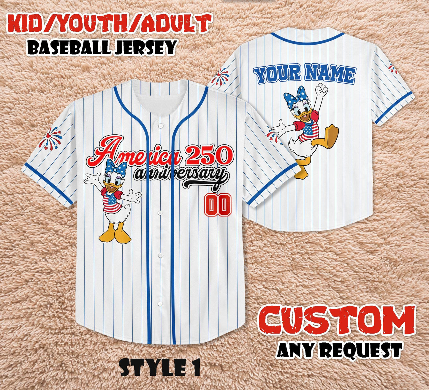 Custom America 250th Anniversary Baseball Jersey, Personalized Daisy Duck Patriotic Shirt, 4th of July Disney Family Trip Outfit | VK87