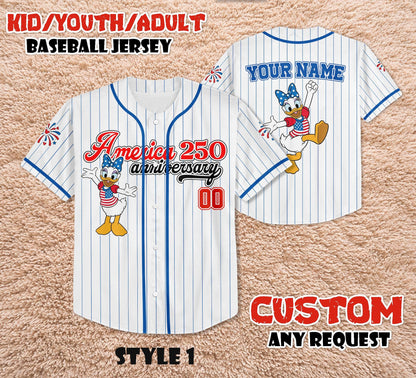 Custom America 250th Anniversary Baseball Jersey, Personalized Daisy Duck Patriotic Shirt, 4th of July Disney Family Trip Outfit | VK87
