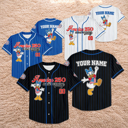 Custom America 250th Anniversary Baseball Jersey, Personalized Daisy Duck Patriotic Shirt, 4th of July Disney Family Trip Outfit | VK87