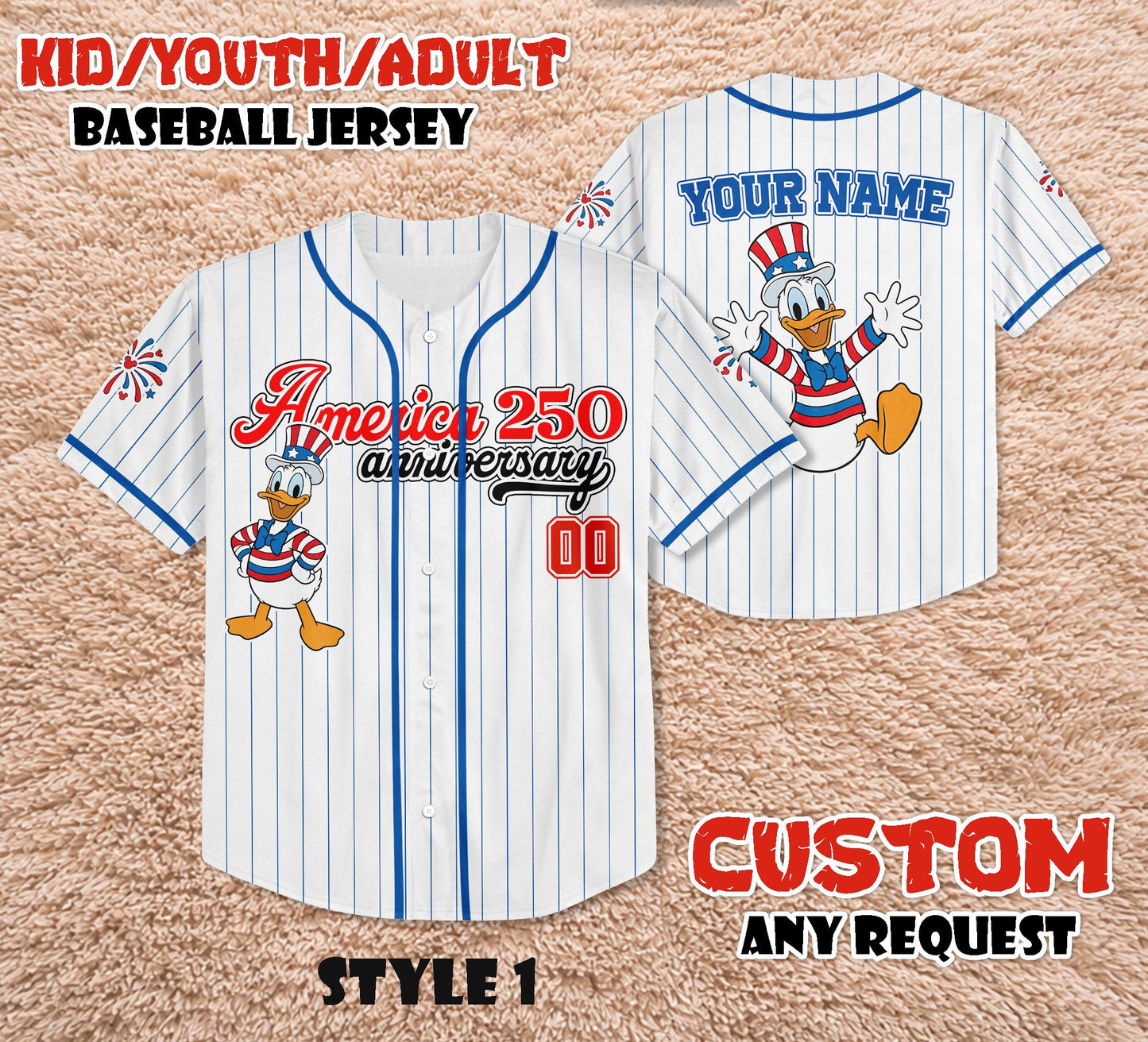 Custom Donald Duck America 250th Anniversary Baseball Jersey, Patriotic Mickey and Friends Shirt | LG18