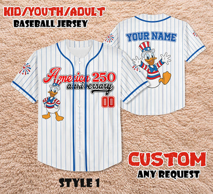 Custom Donald Duck America 250th Anniversary Baseball Jersey, Patriotic Mickey and Friends Shirt | LG18