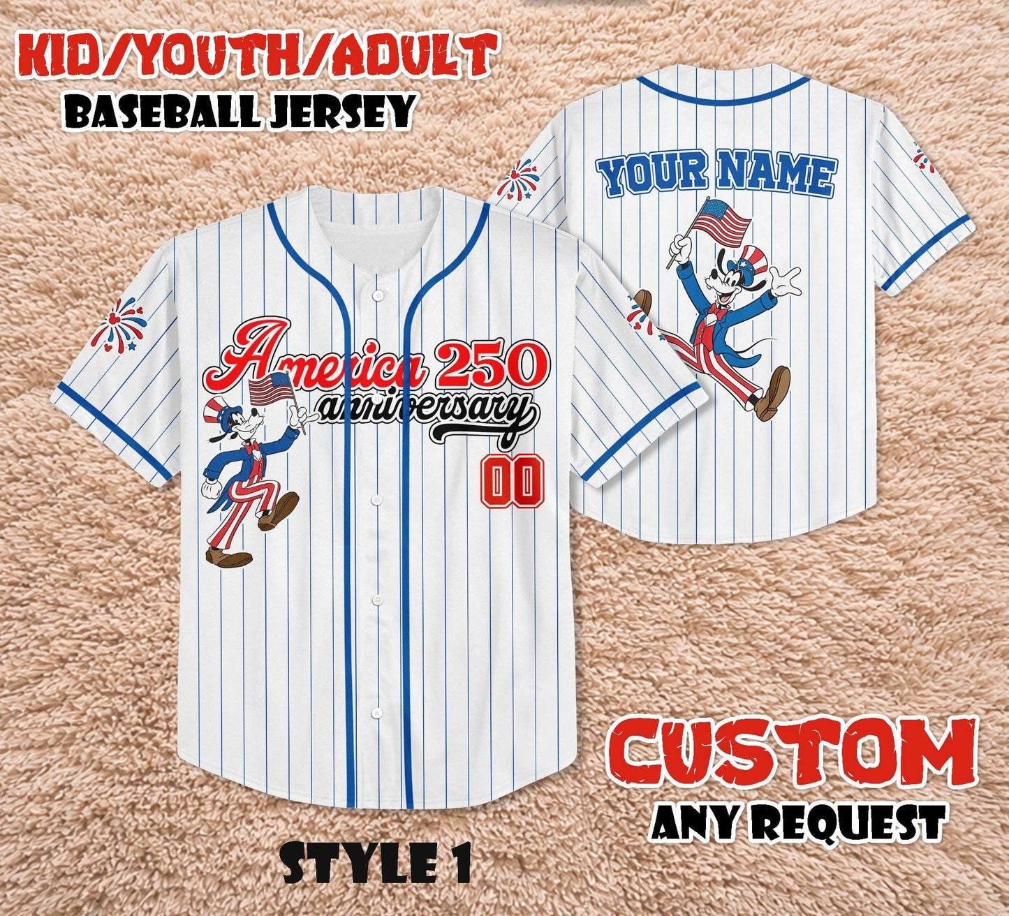 Custom America 250th Anniversary Baseball Jersey, Personalized Goofy Dog Patriotic Shirt, 4th of July Disney Family Trip Outfit | AX56