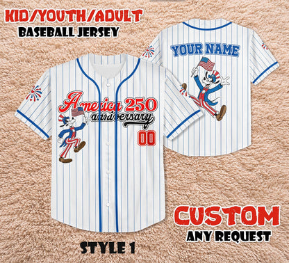 Custom America 250th Anniversary Baseball Jersey, Personalized Goofy Dog Patriotic Shirt, 4th of July Disney Family Trip Outfit | AX56